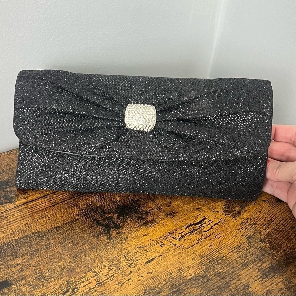 Gunne Sax Black Sparkle Clutch with Rhinestone Accent